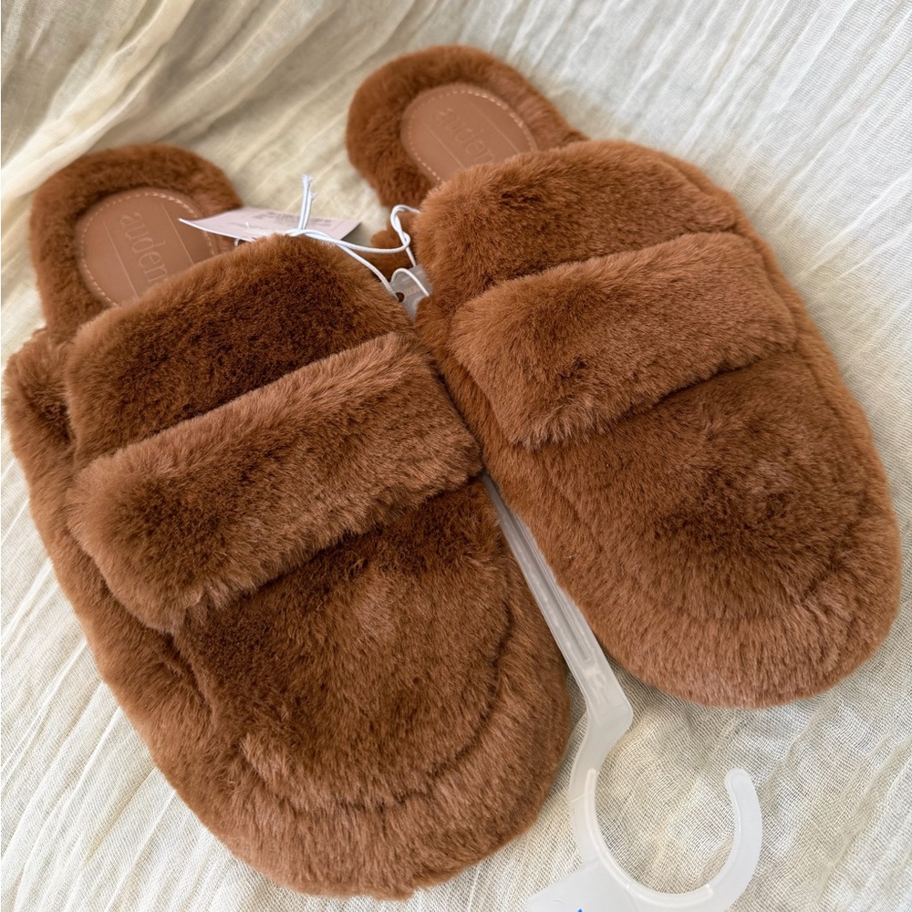 NWT auden - work from home Comfy Faux-Fur Slide Slippers in Chestnut Brown - Picture 3 of 6